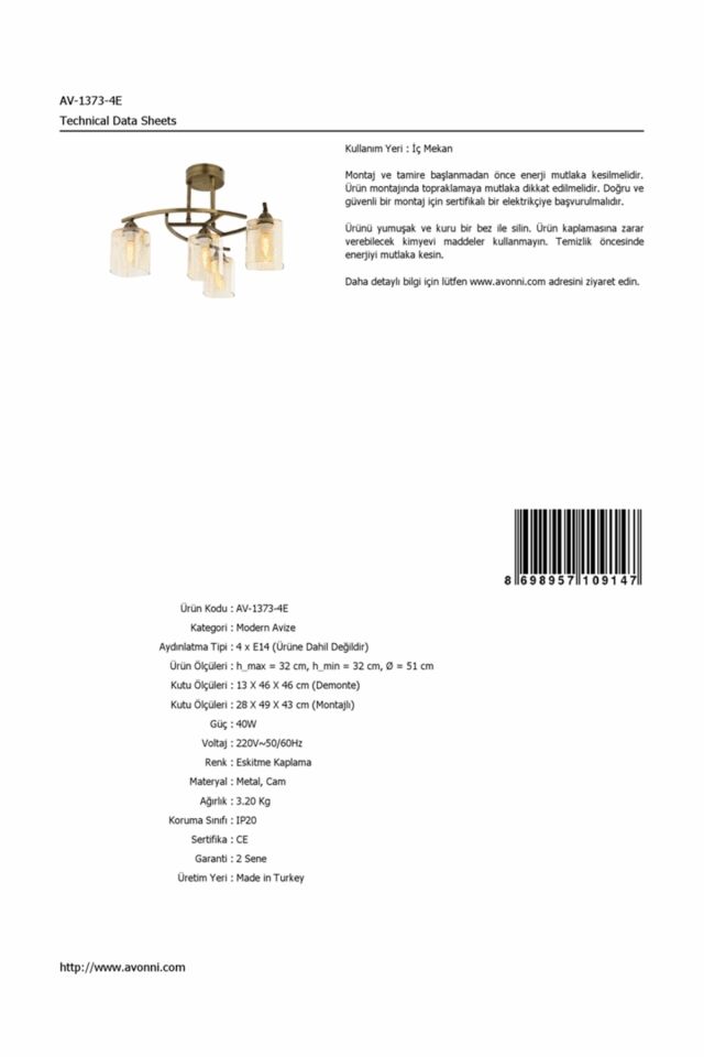 Seda Modern Avize E27 48W 51cm Metal Eskitme Avonni-AV-1373-4E