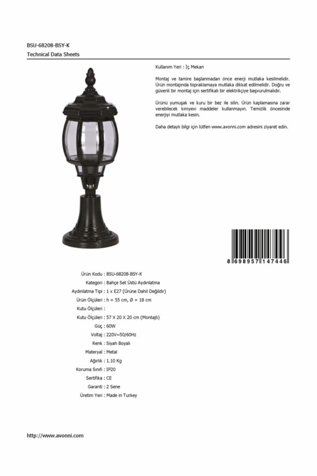 Bahçe Set Üstü Aydınlatma E27 12W 18cm Alüminyum Siyah Dorbien-BSU-68208-BSY-K