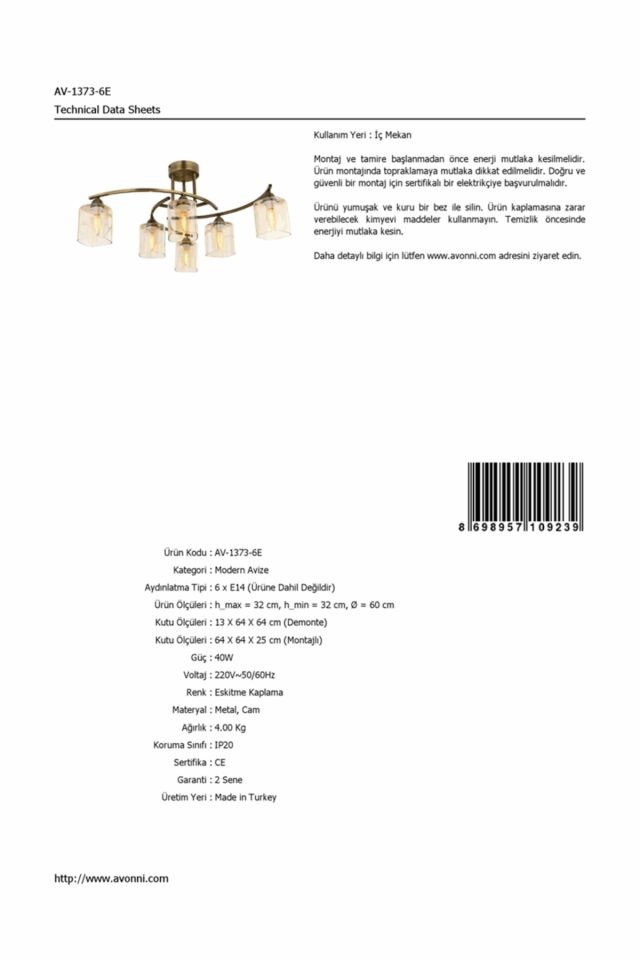Seda Modern Avize E27 72W 60cm Metal Eskitme Avonni-AV-1373-6E
