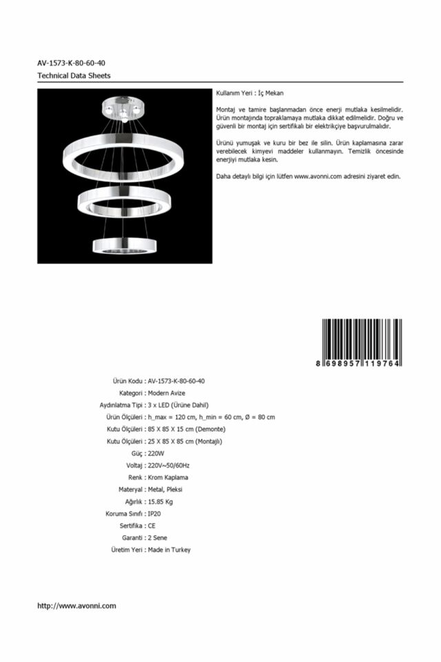 Ada Modern Avize LED 190W 80cm Metal Krom Avonni-AV-1573-K-80-60-40