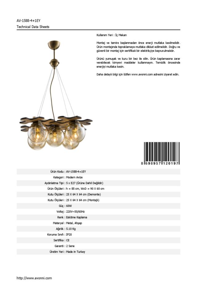 Tosya Modern Avize E27 60W 90x60cm Metal Eskitme Avonni-AV-1588-4+1EY