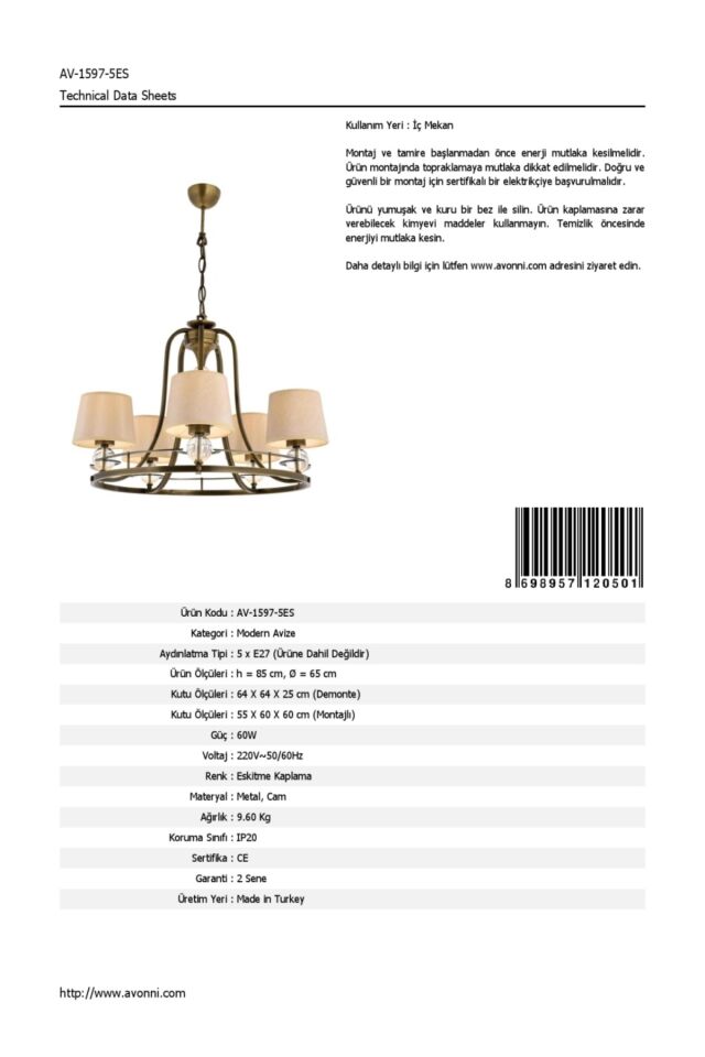 Dorinda Modern Avize E27 60W 65cm Metal Eskitme Avonni-AV-1597-5ES