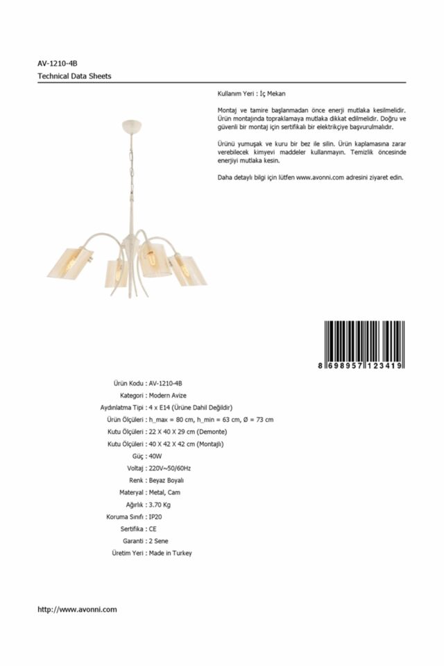 Sima Modern Avize E14 24W 73cm Metal Beyaz Avonni-AV-1210-4B