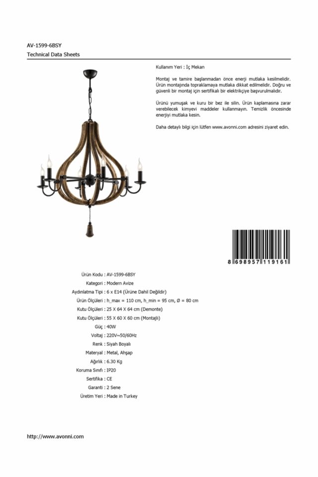 Bella Modern Avize E14 36W 80cm Metal Siyah Avonni-AV-1599-6BSY