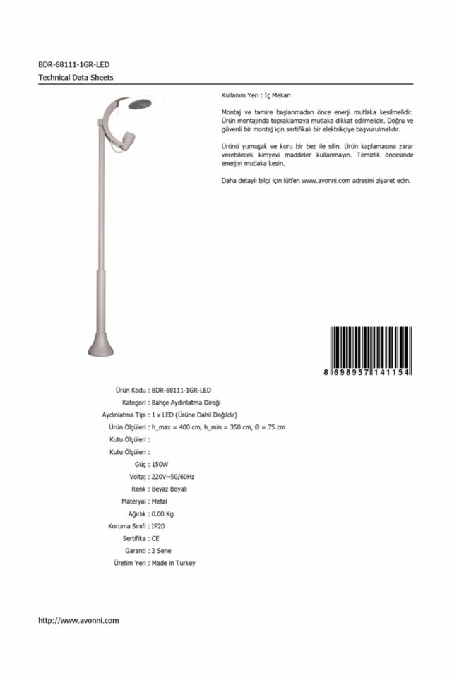 Bahçe Direkleri LED 150W 75cm Çelik Boru Beyaz Dorbien-BDR-68111-1GR-LED