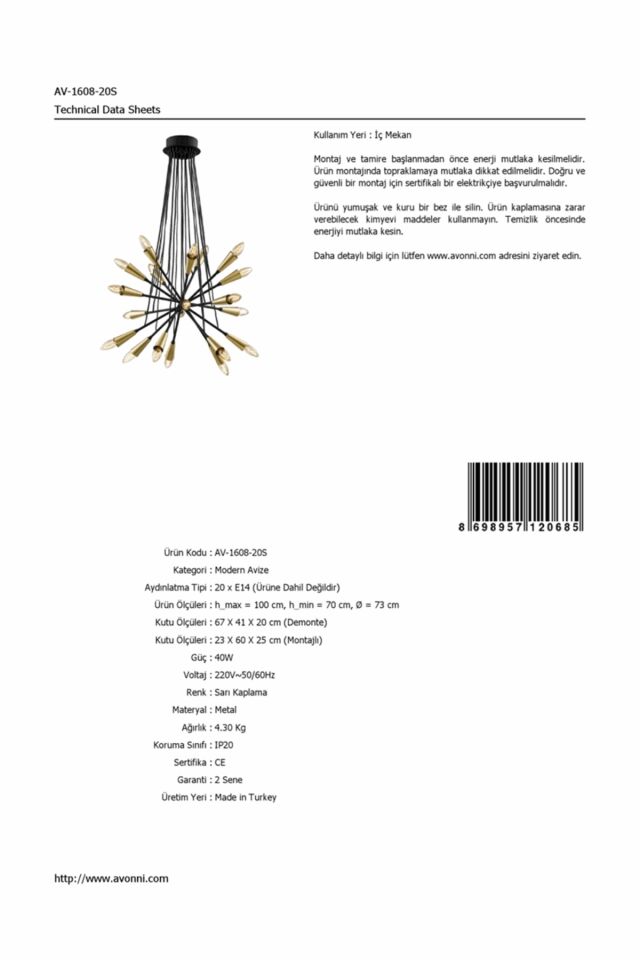 Sonya Modern Avize E14 120W 73cm Metal Sarı Avonni-AV-1608-20S