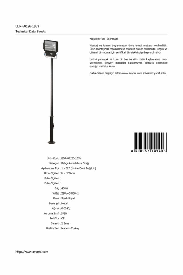 Bahçe Direkleri E27 12W 40cm Çelik Boru Siyah Dorbien-BDR-68126-1BSY