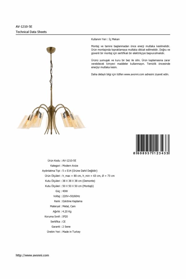 Sima Modern Avize E14 30W 73cm Metal Eskitme Avonni-AV-1210-5E