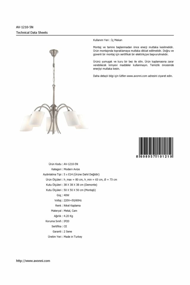 Sima Modern Avize E14 30W 73cm Metal Nikel Avonni-AV-1210-5N