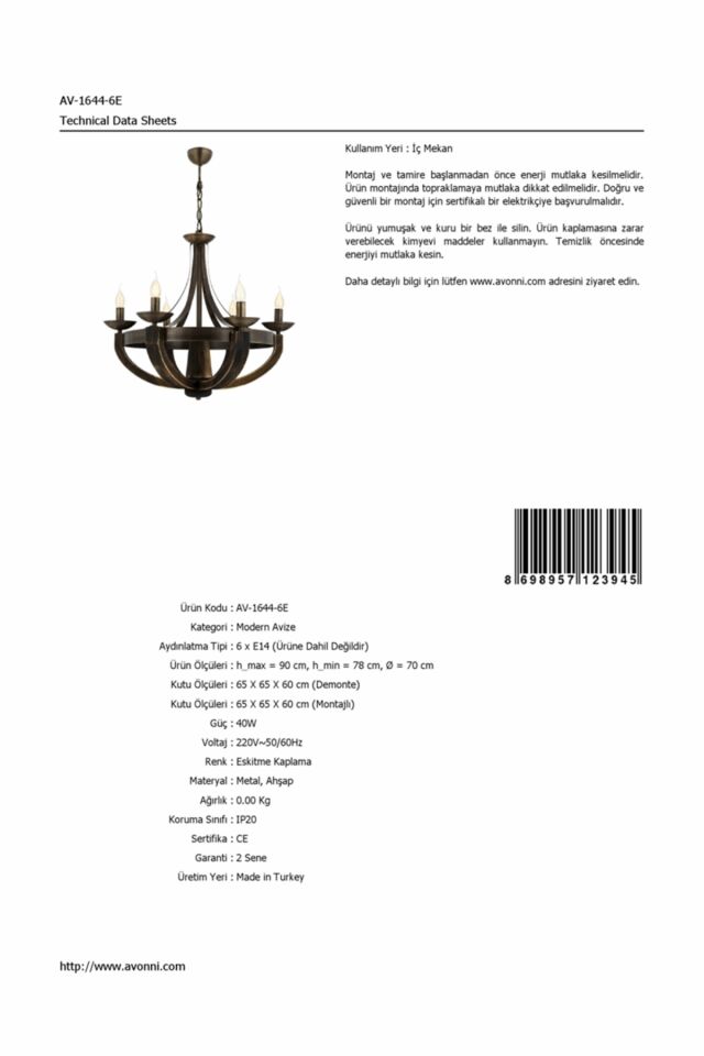 Gedik Modern Avize E14 36W 70cm Metal Eskitme Avonni-AV-1644-6E