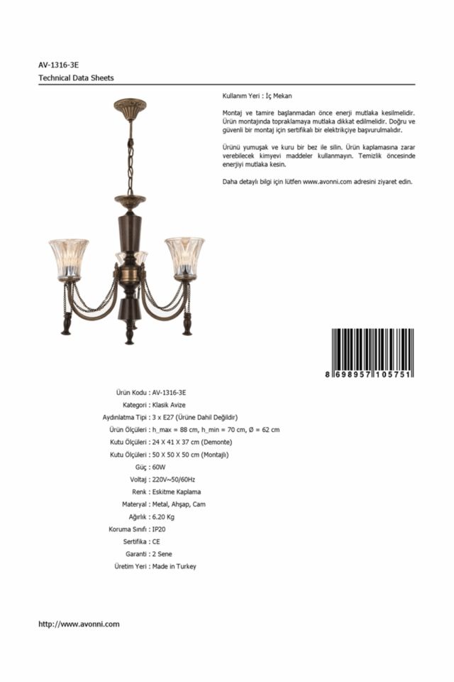 Derya Klasik Avize E27 36W 62cm Metal Eskitme Avonni-AV-1316-3E