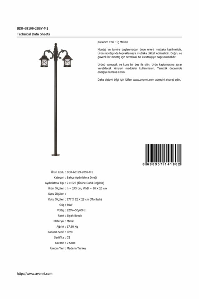 Bahçe Direkleri E27 24W 80x26cm Çelik Boru Siyah Dorbien-BDR-68199-2BSY-M1