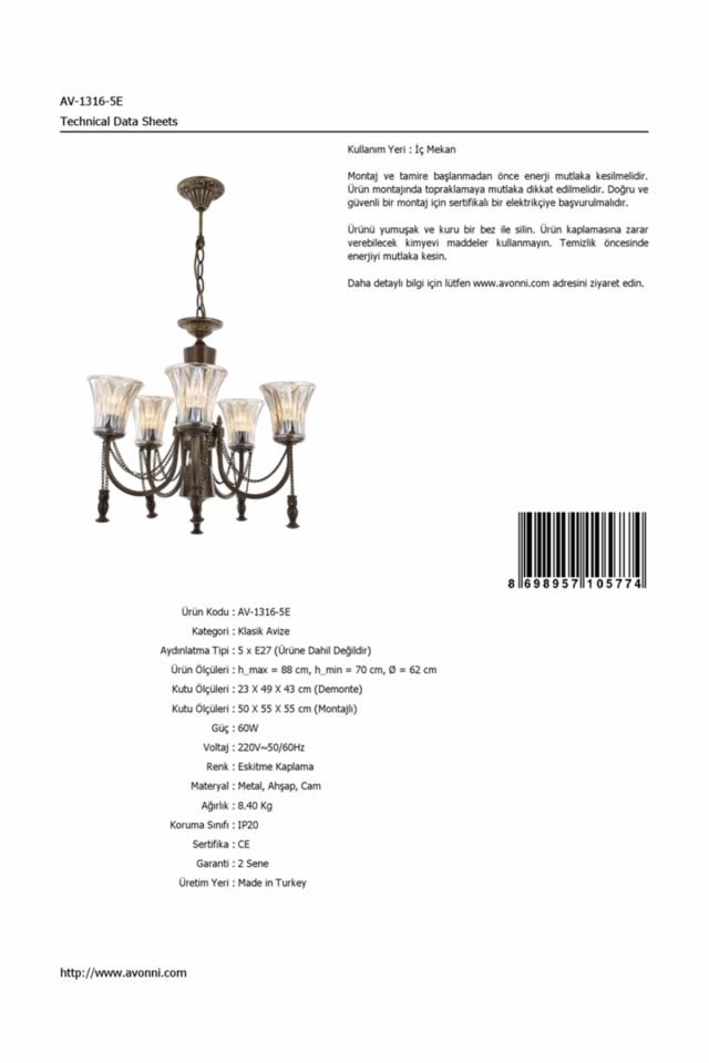 Derya Klasik Avize E27 60W 62cm Metal Eskitme Avonni-AV-1316-5E