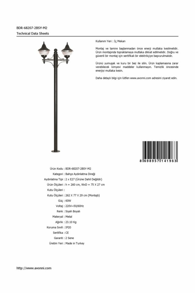 Bahçe Direkleri E27 24W 75x27cm Çelik Boru Siyah Dorbien-BDR-68207-2BSY-M2