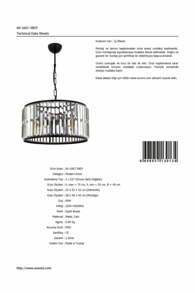 Arthur Modern Avize E27 36W 40cm Metal Siyah Avonni-AV-1667-3BSY