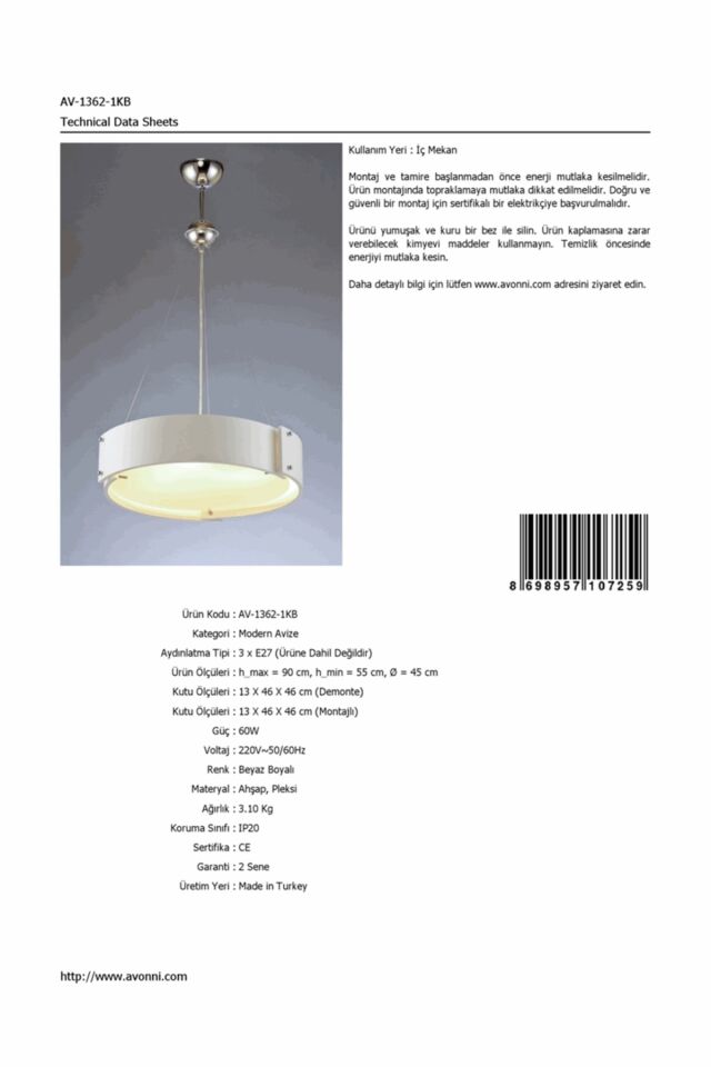 Henna Modern Avize E27 36W 45cm Ahşap Beyaz Avonni-AV-1362-1KB