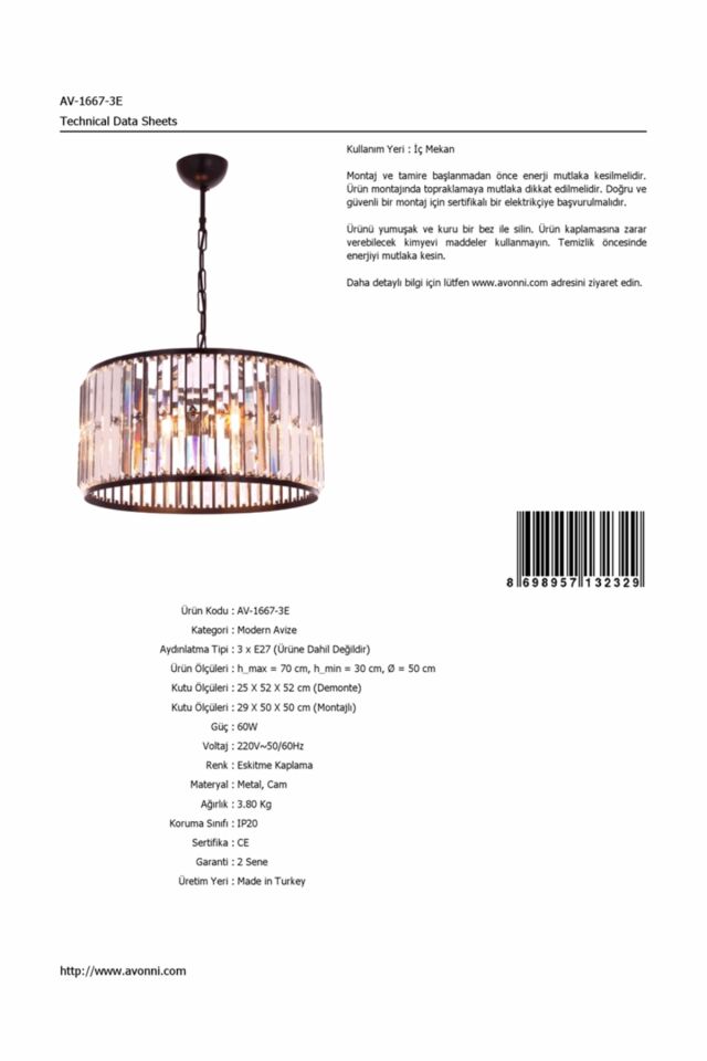 Arthur Modern Avize E27 36W 40cm Metal Eskitme Avonni-AV-1667-3E