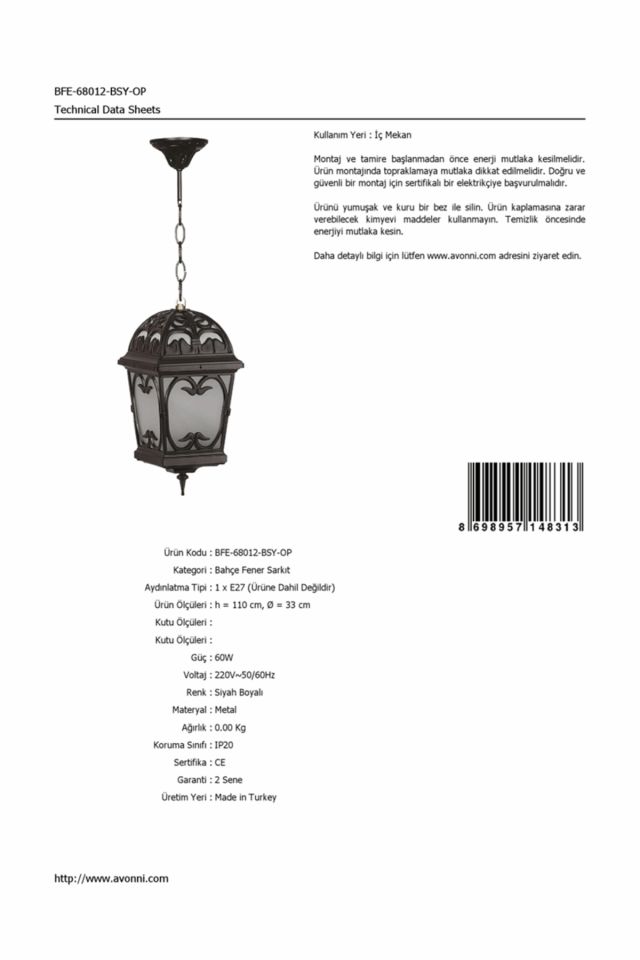 Bahçe Fenerleri E27 12W 33cm Alüminyum Siyah Dorbien-BFE-68012-BSY-OP