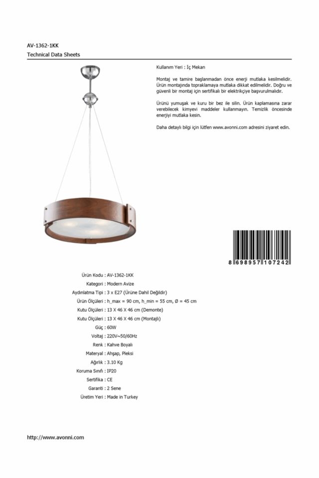 Henna Modern Avize E27 36W 45cm Ahşap Kahverengi Avonni-AV-1362-1KK