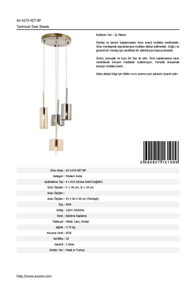Mix Modern Avize E14 24W 35cm Metal Eskitme Avonni-AV-1675-4ET-BF
