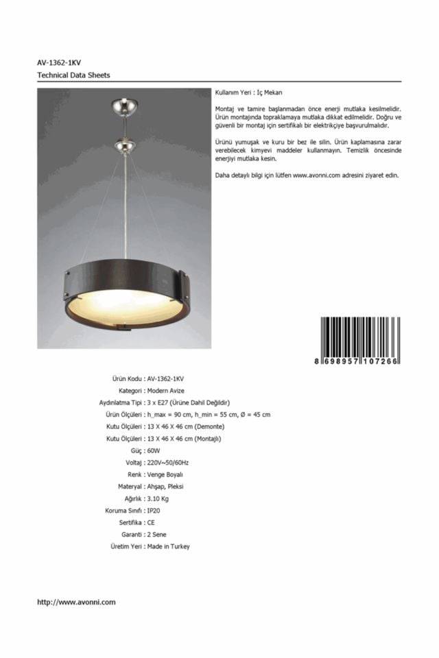 Henna Modern Avize E27 36W 45cm Ahşap Venge Avonni-AV-1362-1KV