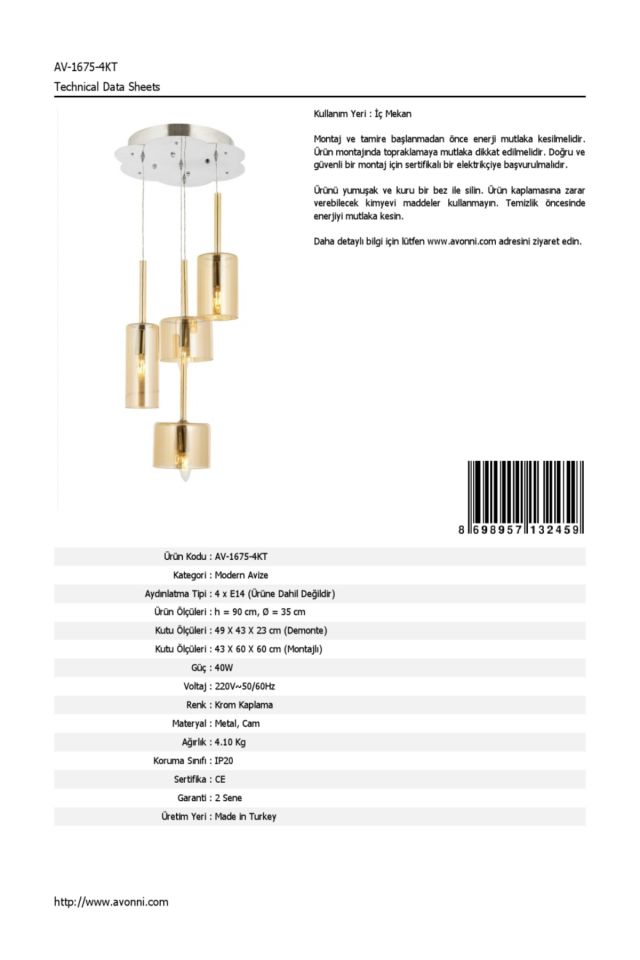 Mix Modern Avize E14 24W 35cm Metal Krom Avonni-AV-1675-4KT