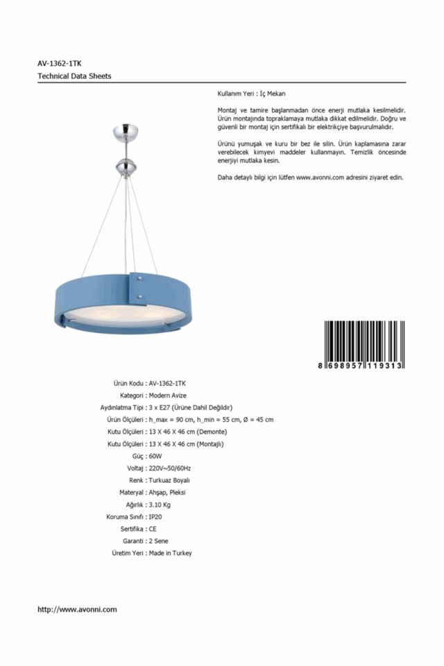 Henna Modern Avize E27 36W 45cm Ahşap Turkuaz Avonni-AV-1362-1TK