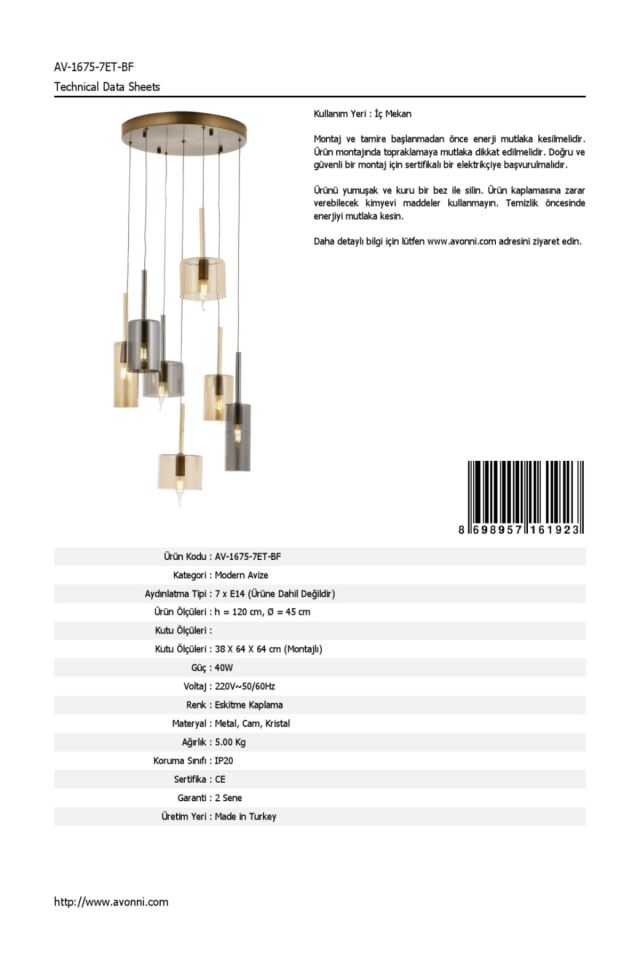 Mix Modern Avize E14 42W 45cm Metal Eskitme Avonni-AV-1675-7ET-BF