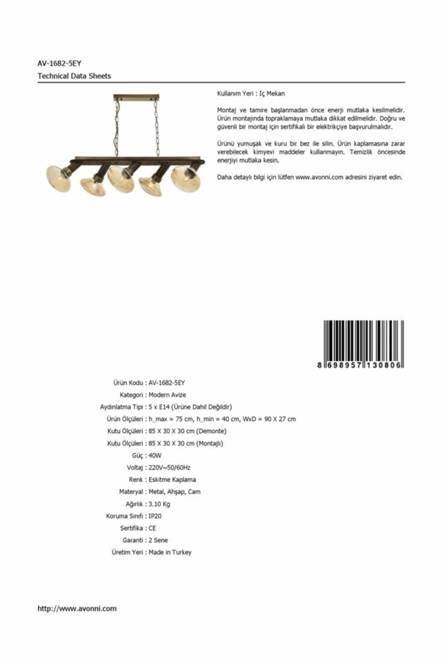 Mushroom Modern Avize E14 30W 90x27cm Metal Eskitme Avonni-AV-1682-5EY