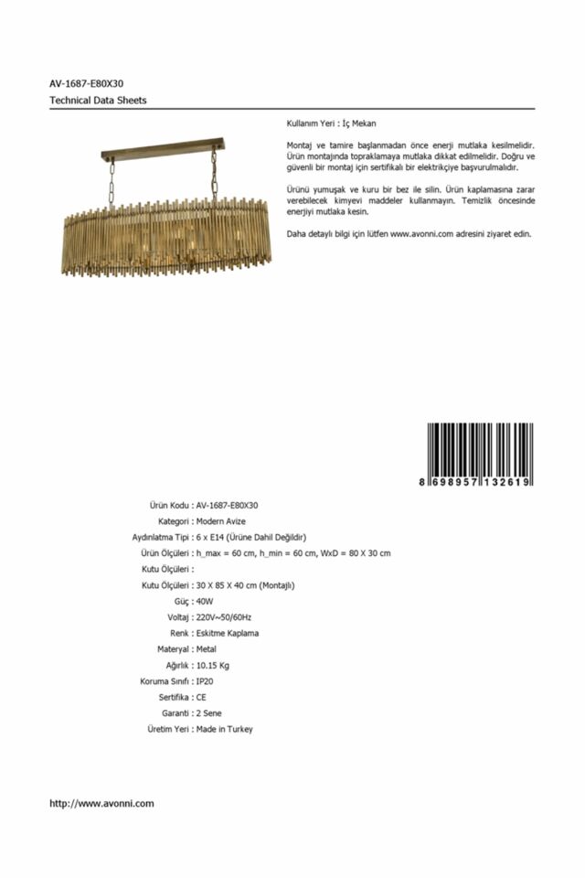 Stick Modern Avize E14 36W 80x30cm Metal Eskitme Avonni-AV-1687-E80X30