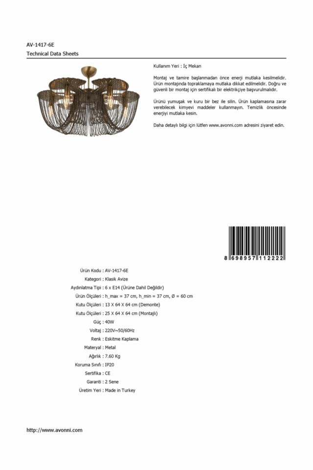 Fiona Klasik Avize E14 36W 60cm Metal Eskitme Avonni-AV-1417-6E