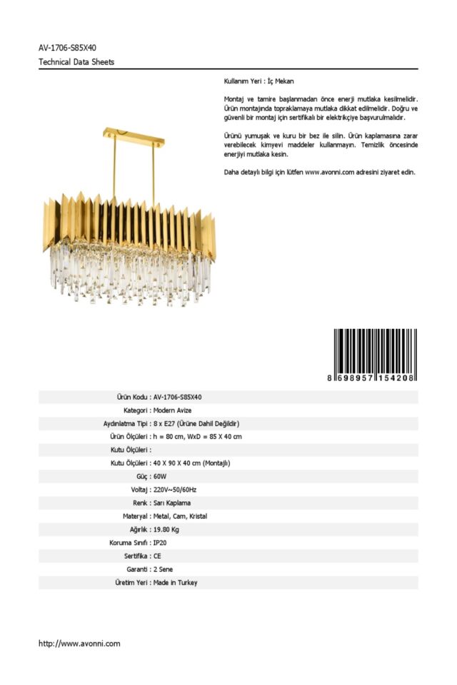 Leyla Modern Avize E27 96W 85x40cm Metal Sarı Avonni-AV-1706-S85X40