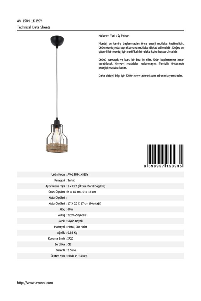 Hira Modern Avize E27 12W 15cm Metal Siyah Avonni-AV-1584-1K-BSY