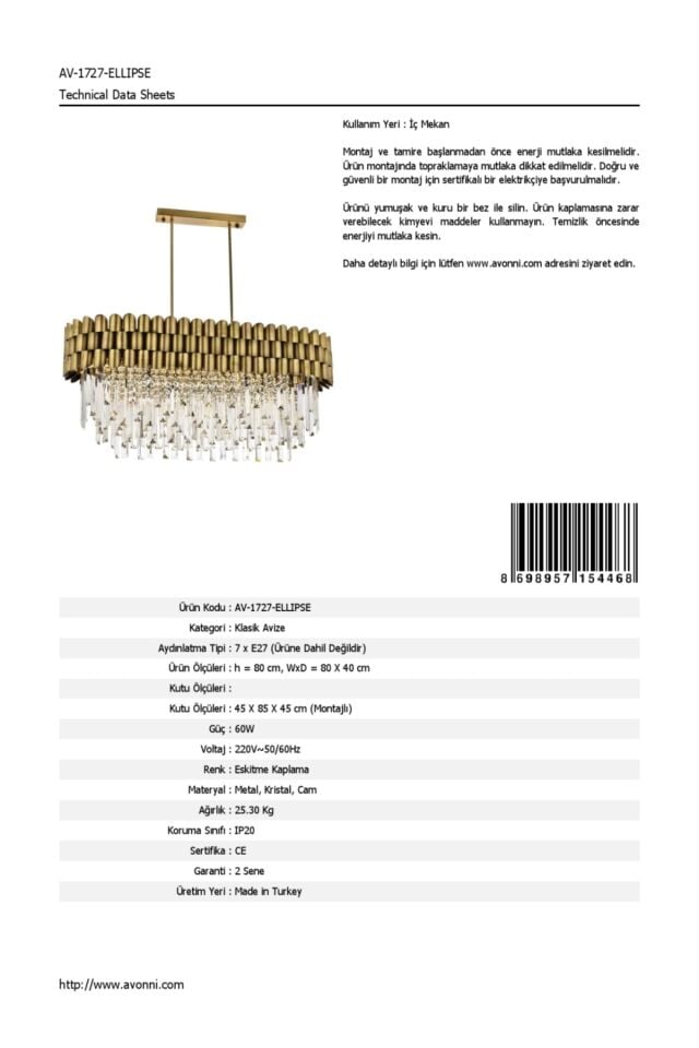 City Klasik Avize E27 84W 80x40cm Metal Eskitme Avonni-AV-1727-ELLIPSE