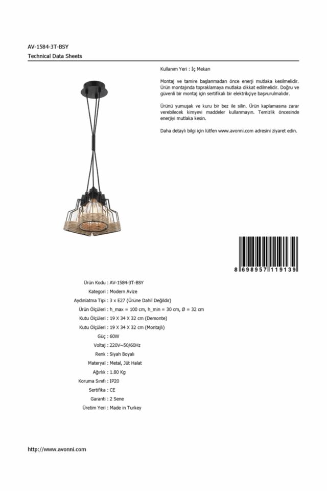 Hira Modern Avize E27 36W 32cm Metal Siyah Avonni-AV-1584-3T-BSY