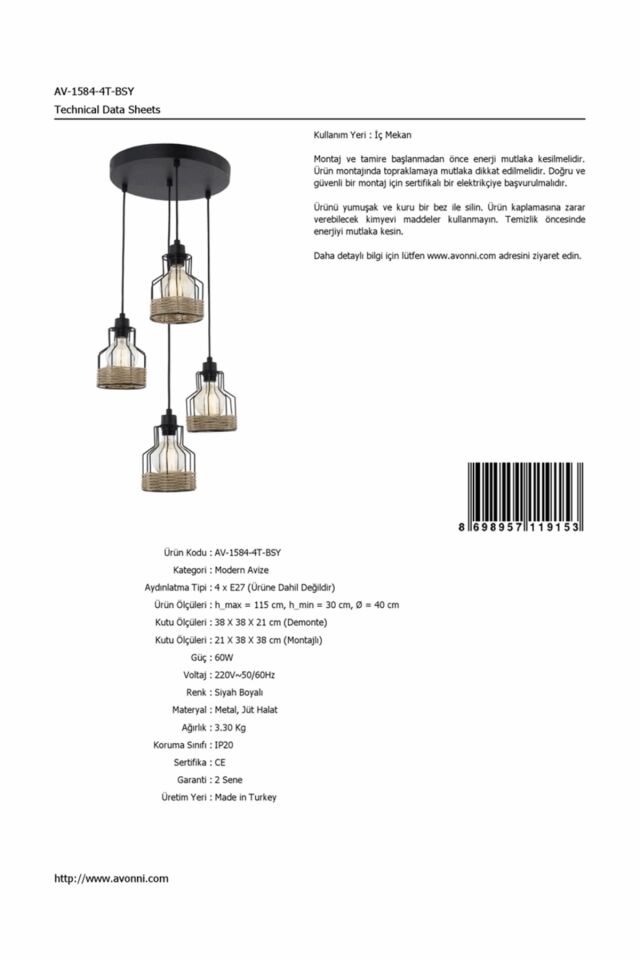 Hira Modern Avize E27 48W 40cm Metal Siyah Avonni-AV-1584-4T-BSY