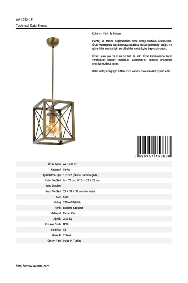 X Modern Avize E27 12W 25x25cm Metal Eskitme Avonni-AV-1732-1E