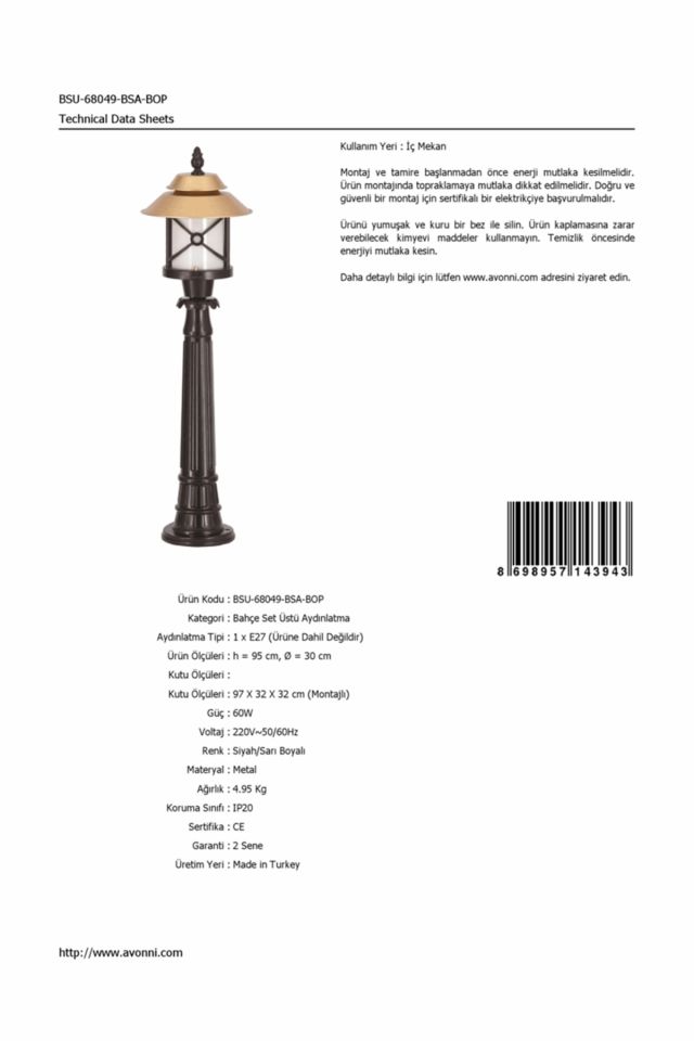Bahçe Set Üstü Aydınlatma E27 12W 30cm Alüminyum Sarı/Siyah Dorbien-BSU-68049-BSA-BOP