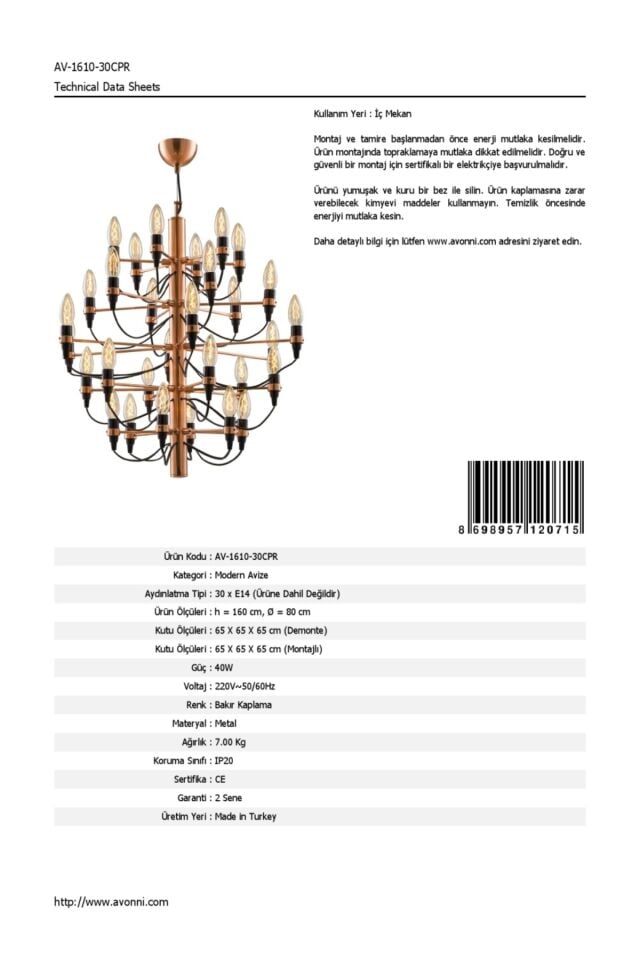 İrina Modern Avize E14 180W 80cm Metal Bakır Avonni-AV-1610-30CPR