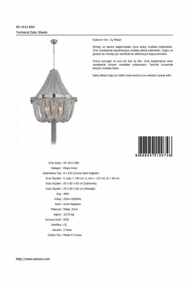 Dilruba Klasik Avize E14 36W 60cm Metal Krom Avonni-AV-1611-K60