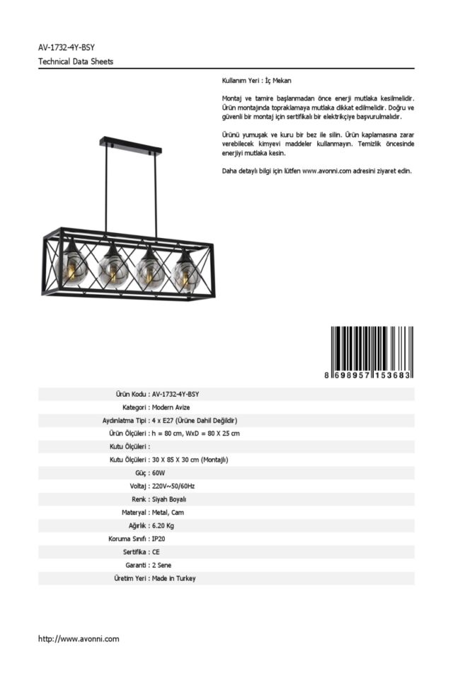 X Modern Avize E27 48W 80x25cm Metal Siyah Avonni-AV-1732-4Y-BSY