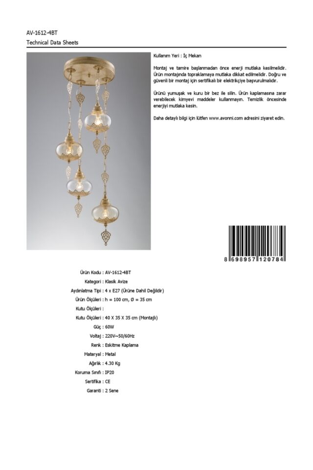 Dominika Klasik Avize E27 48W 35cm Metal Eskitme Avonni-AV-1612-4BT