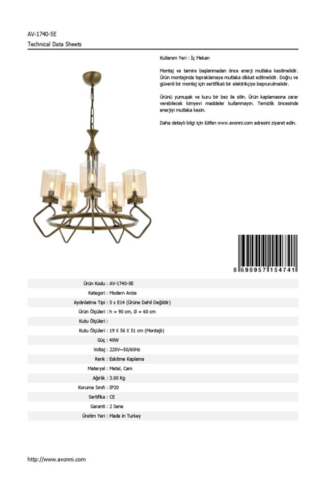 Konsey Modern Avize E14 30W 60cm Metal Eskitme Avonni-AV-1740-5E