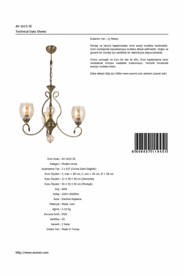 Eda Klasik Avize E27 36W 58cm Metal Eskitme Avonni-AV-1615-3E