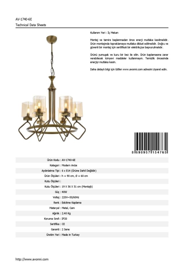 Konsey Modern Avize E14 36W 60cm Metal Eskitme Avonni-AV-1740-6E