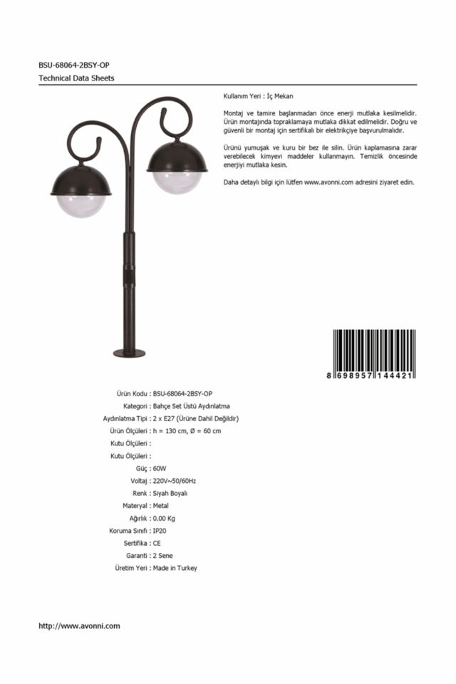 Bahçe Set Üstü Aydınlatma E27 24W 60cm Alüminyum Siyah Dorbien-BSU-68064-2BSY-OP