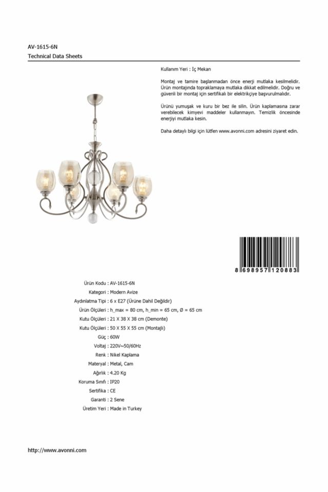 Eda Klasik Avize E27 72W 65cm Metal Nikel Avonni-AV-1615-6N