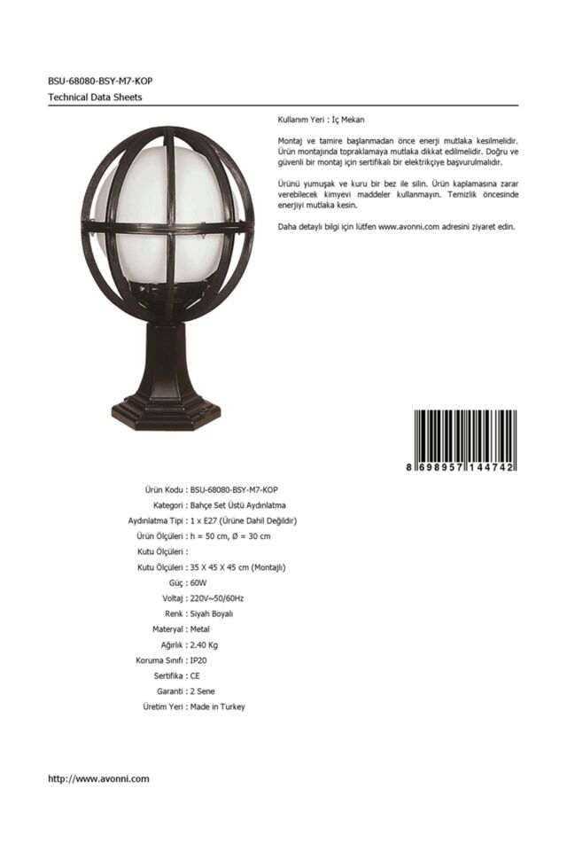 Bahçe Set Üstü Aydınlatma E27 12W 30cm ABS Siyah Dorbien-BSU-68080-BSY-M7-KOP