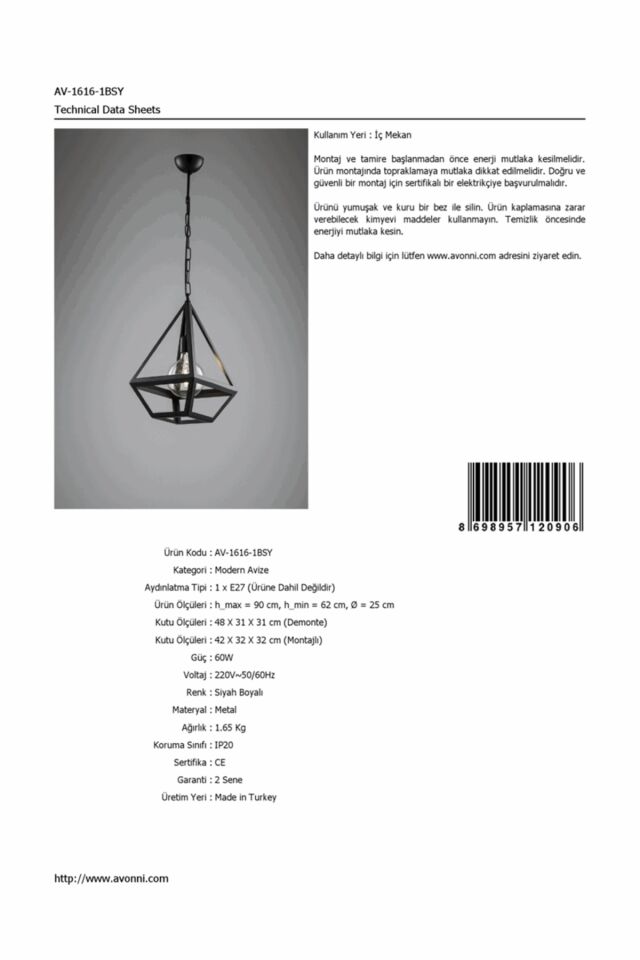 Vista Modern Avize E27 12W 25cm Metal Siyah Avonni-AV-1616-1BSY
