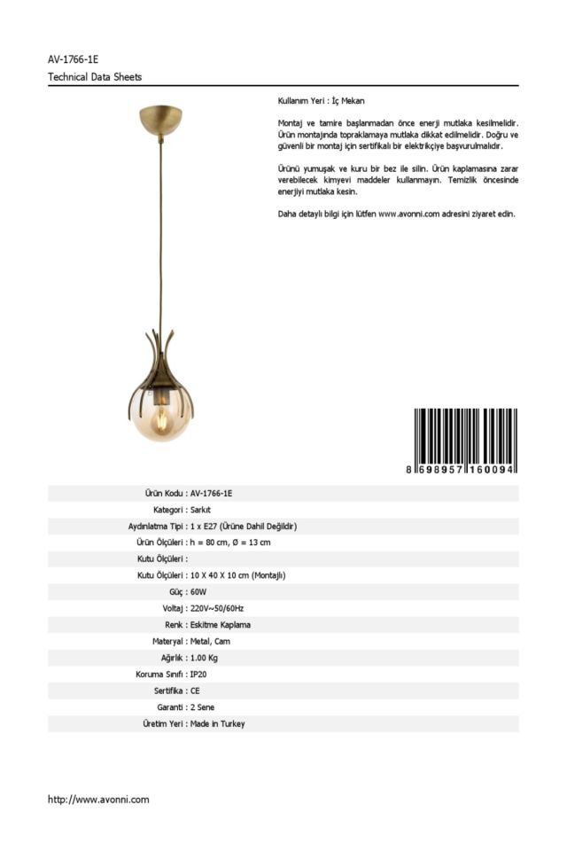 Asa Modern Avize E27 12W 13cm Metal Eskitme Avonni-AV-1766-1E